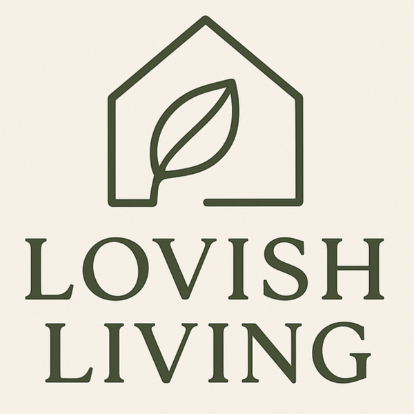 Logo for Lovish Living with a house and leaf design on a beige background
